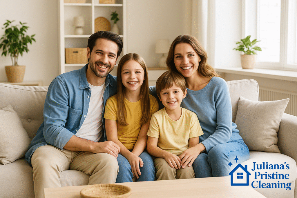 Happy family in a clean and organized Boston living room, enjoying reduced stress thanks to Juliana’s Pristine Cleaning