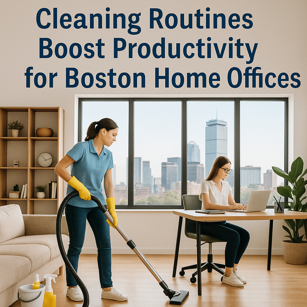 Professional cleaner organizing a bright Boston home office, promoting productivity and focus through consistent cleaning routines – Juliana’s Pristine Cleaning.