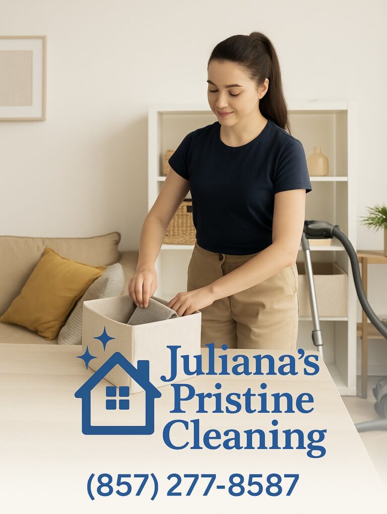 Professional cleaner organizing a modern Boston living room, with Juliana’s Pristine Cleaning logo and phone number (857) 277-8587 visible
