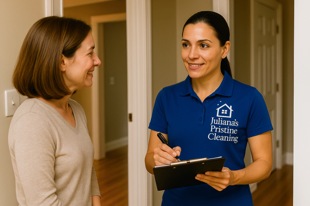 In-Person Cleaning Estimates in Boston – Juliana’s Pristine Cleaning Juliana from Juliana’s Pristine Cleaning providing an in-person cleaning estimate for a homeowner in Boston