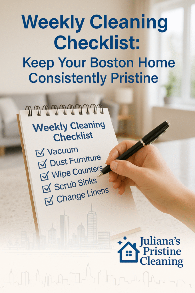 Weekly cleaning checklist concept with Boston city outline and Juliana’s Pristine Cleaning logo