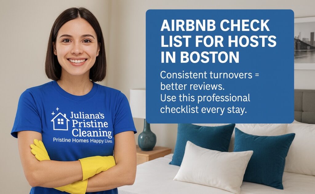 Airbnb Cleaning Checklist for Boston Hosts – Juliana’s Pristine Cleaning Professional cleaner from Juliana’s Pristine Cleaning in Boston wearing company uniform, highlighting Airbnb cleaning checklist for hosts