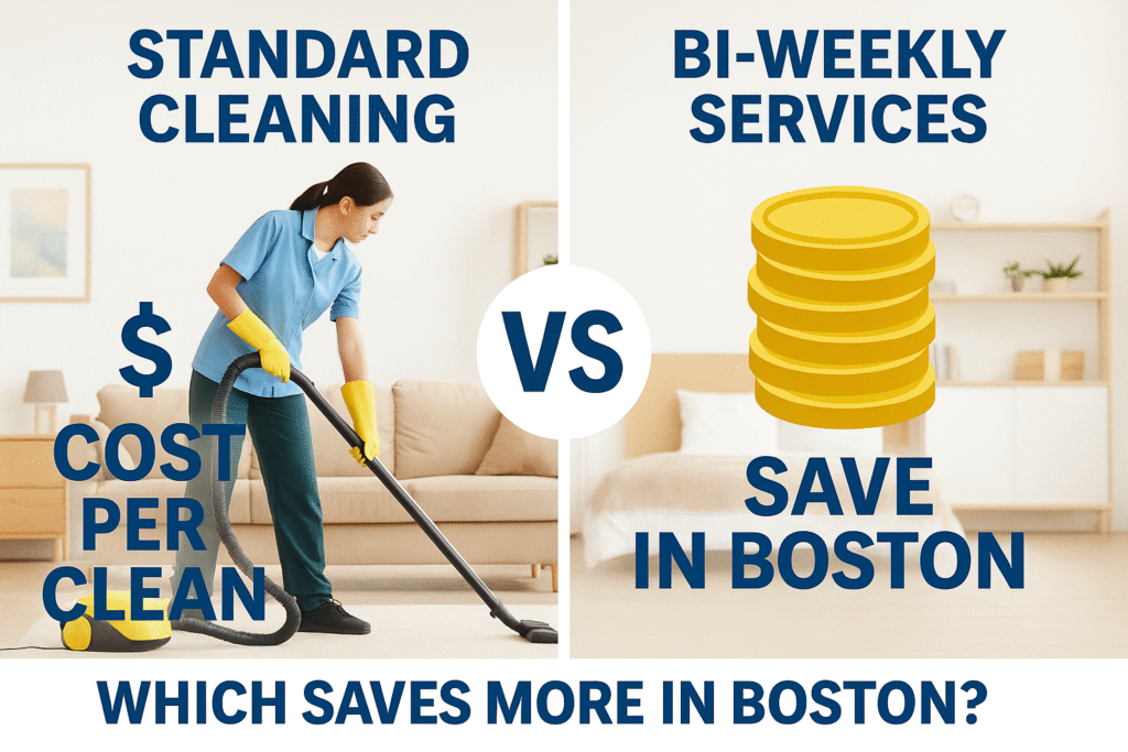 Standard vs Bi-Weekly Cleaning in Boston – Which Option Saves More? Infographic comparing standard cleaning and bi-weekly cleaning services in Boston, showing cost savings and cleaner homes with regular schedules.