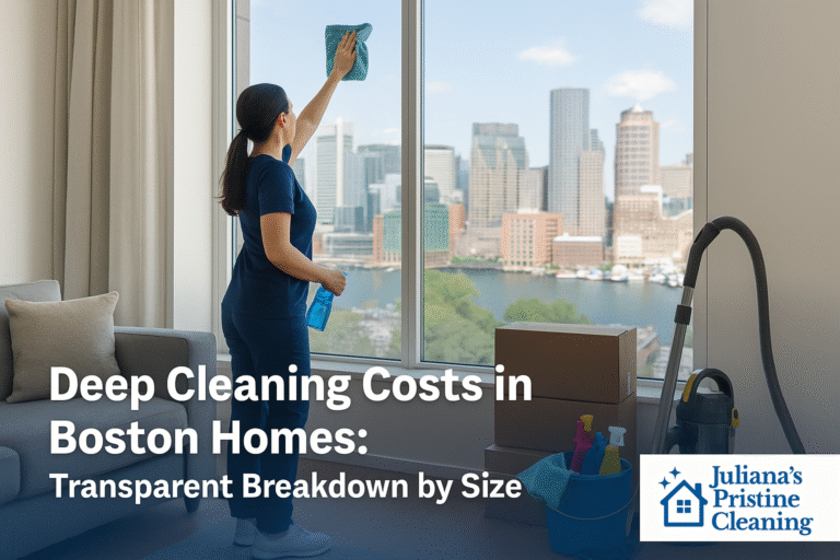 Professional cleaner in a modern Boston apartment cleaning a large window with a city view, with vacuum and supplies nearby – Juliana’s Pristine Cleaning deep cleaning service