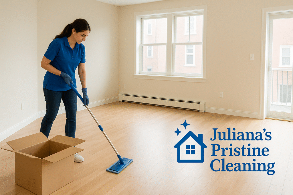 Professional cleaner performing a move-out cleaning in a spotless Boston apartment with moving boxes prepared for tenants and landlords