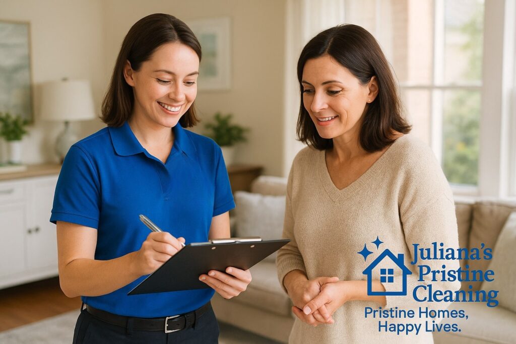Professional cleaner in Boston providing an in-person house cleaning estimate with a checklist