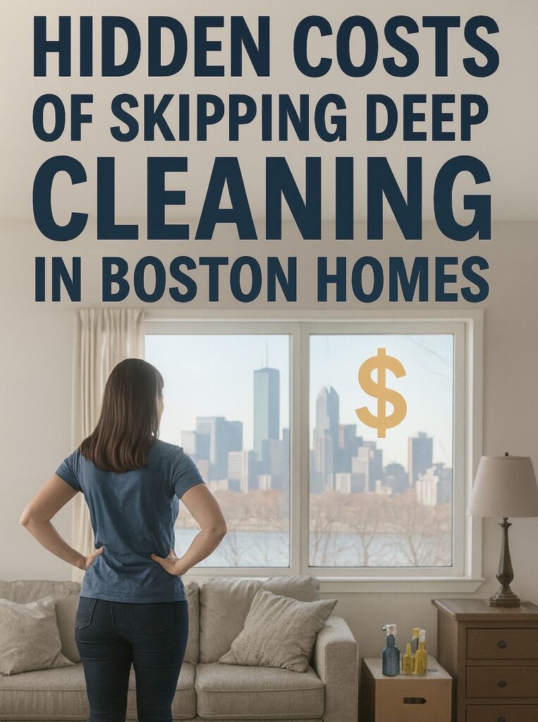 Woman in a modern Boston apartment looking at a messy bedroom, symbolizing the hidden costs of skipping deep cleaning.
