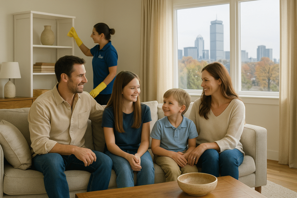 Happy Boston family relaxing in a spotless living room while a professional cleaner in blue uniform finishes cleaning — representing how families feel happier in cleaner homes.