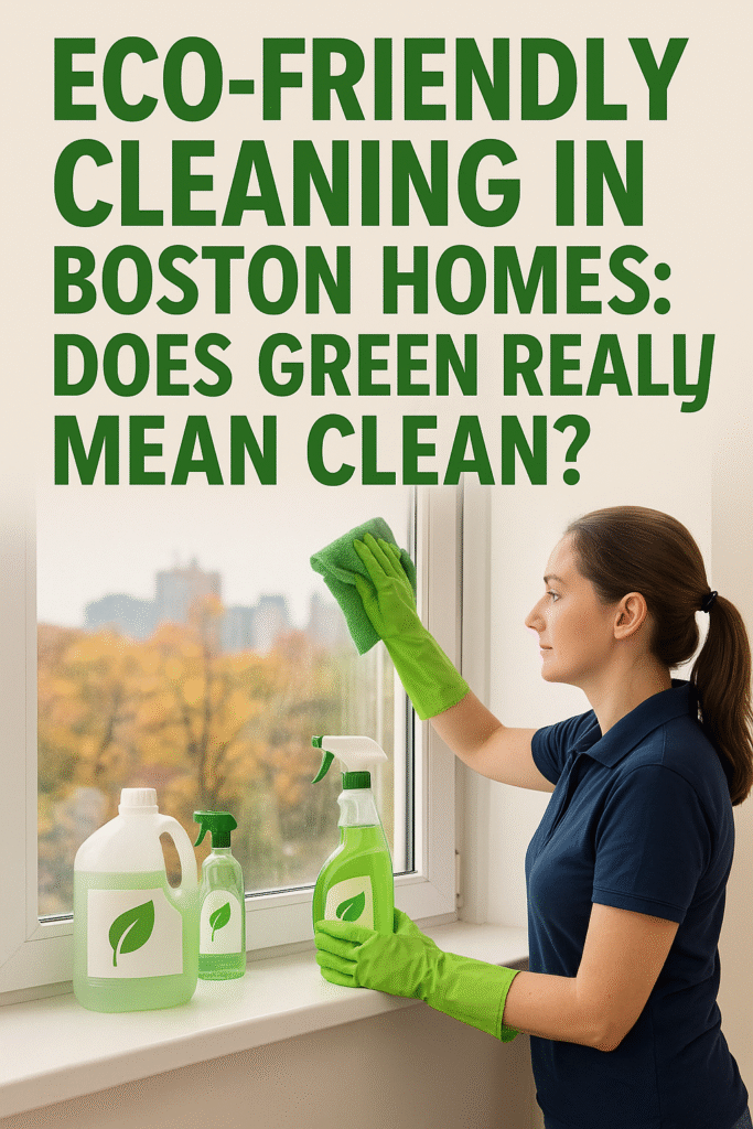 Professional cleaner in a modern Boston apartment using eco-friendly cleaning products, with sunlight and green plants emphasizing sustainability.