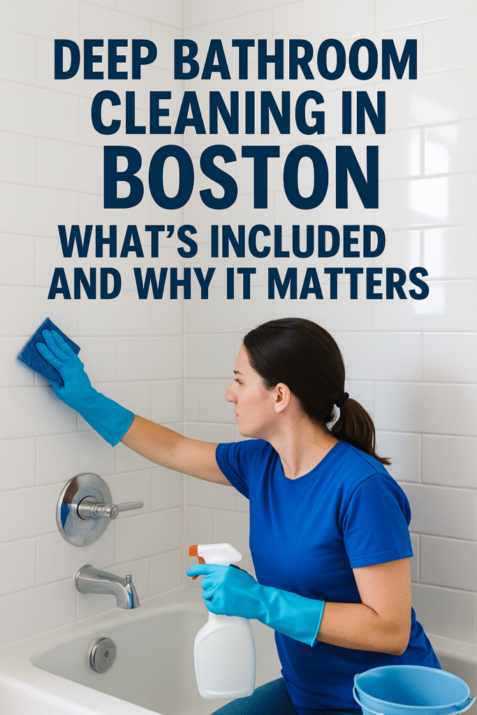 Professional cleaner performing a deep clean bathroom in Boston, scrubbing tiles and polishing glass shower doors for a spotless, fresh finish.