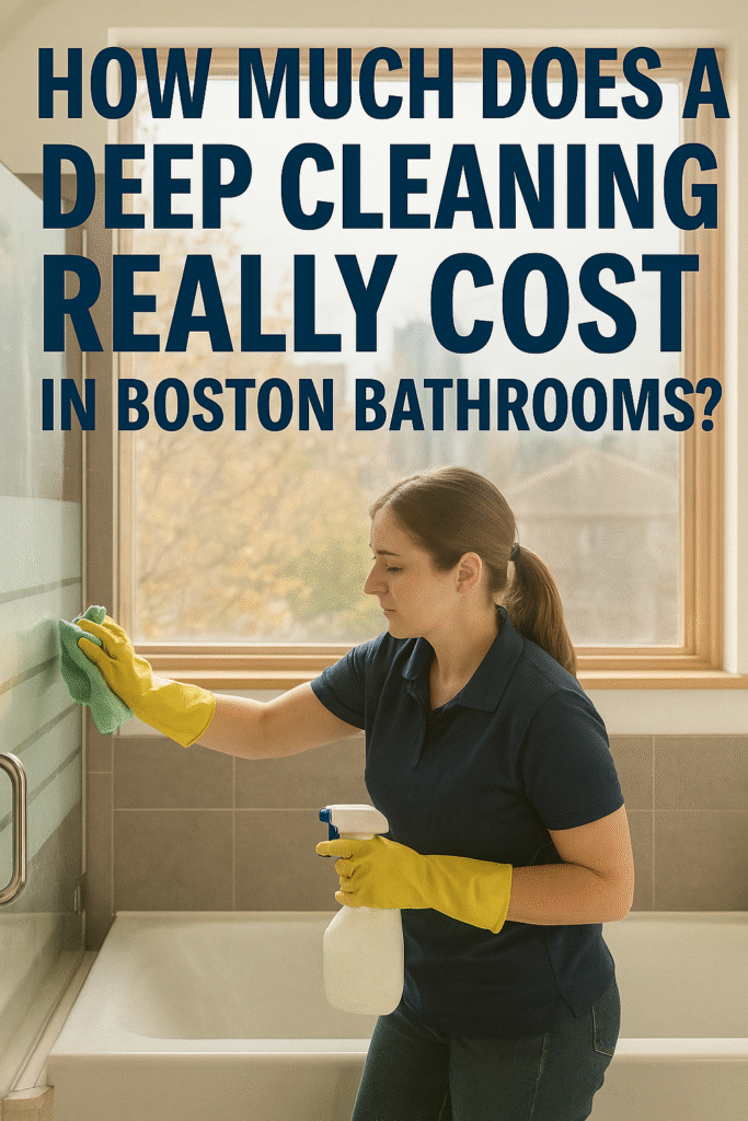 Professional cleaner scrubbing and polishing a spotless Boston bathroom, showing the real deep cleaning cost and results for homeowners.