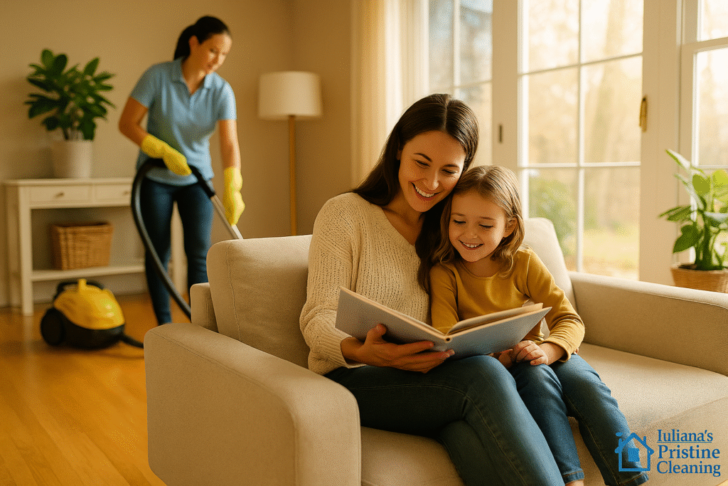 A mother and child enjoying a calm moment in a spotless Boston living room, with a professional cleaner in the background maintaining a clean and organized home.