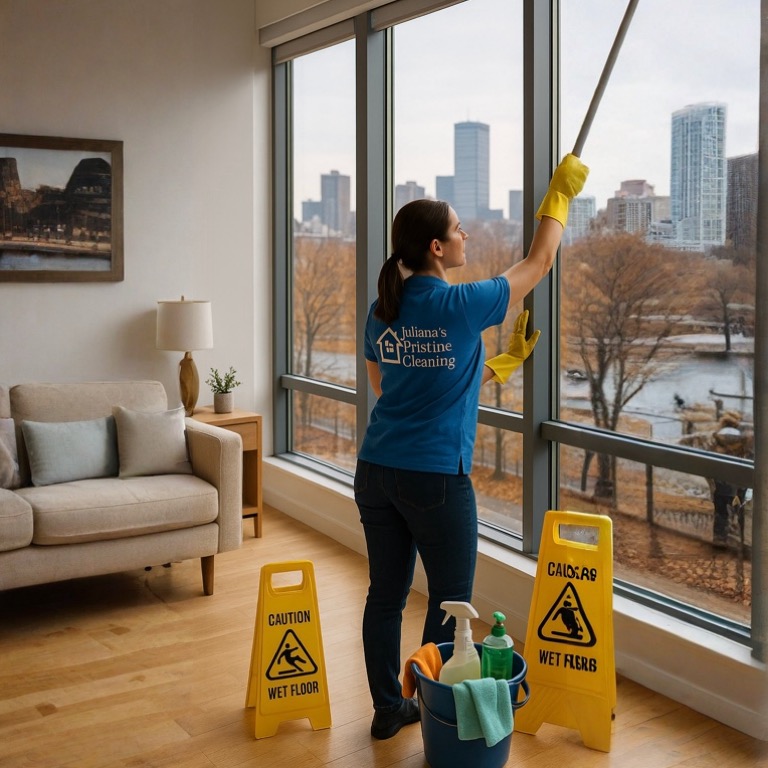 Professional cleaner in a modern Boston apartment performing deep cleaning before winter, with bare trees visible outside the window and cleaning supplies neatly arranged indoors.