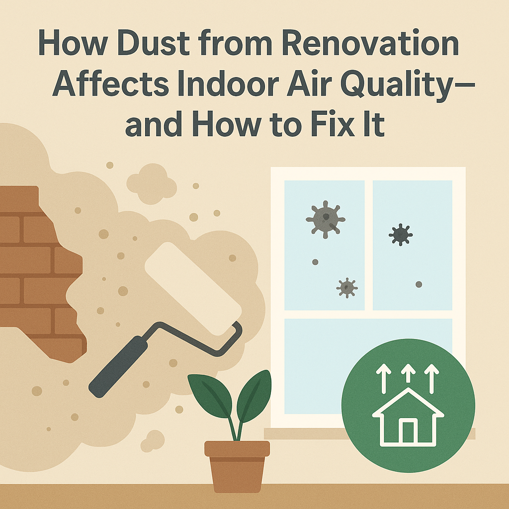 Illustration showing dust from renovation spreading inside a home, with a roller brush releasing particles near a window and a clean air icon symbolizing improved indoor air quality.