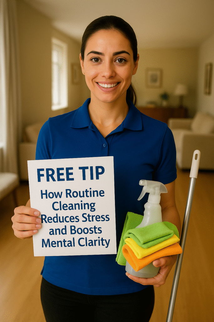 Professional cleaner from Juliana’s Pristine Cleaning holding a sign that says 'FREE TIP,' representing how routine cleaning reduces stress and boosts mental clarity, promoting Recurring Cleaning Services in Boston.