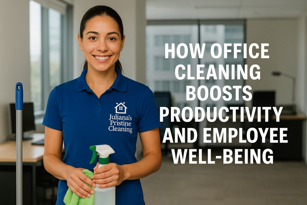 Professional cleaner from Juliana’s Pristine Cleaning in a modern Boston office holding eco-friendly cleaning supplies, representing how Office Cleaning Boosts Productivity and Employee Well-Being by creating a cleaner, healthier, and more focused workspace.