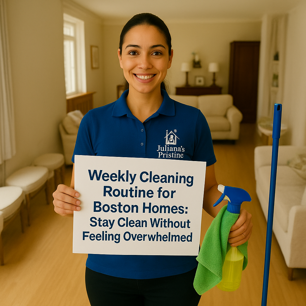 Professional cleaner from Juliana’s Pristine Cleaning smiling while holding eco-friendly cleaning supplies inside a bright Boston home, representing a weekly cleaning routine designed to keep homes clean without feeling overwhelmed.
