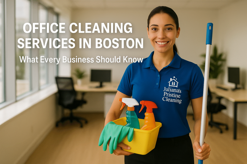 Professional cleaner from Juliana’s Pristine Cleaning standing in a modern Boston office holding eco-friendly cleaning supplies, representing high-quality Office Cleaning Services in Boston for businesses and workspaces.