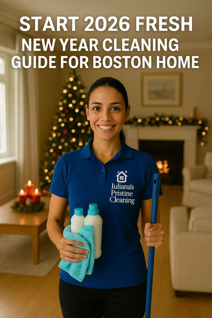 Professional cleaner from Juliana’s Pristine Cleaning standing in a neatly decorated Boston home for the New Year, holding eco-friendly cleaning supplies, representing New Year Cleaning 2026 services designed to help families start the year fresh and organized.