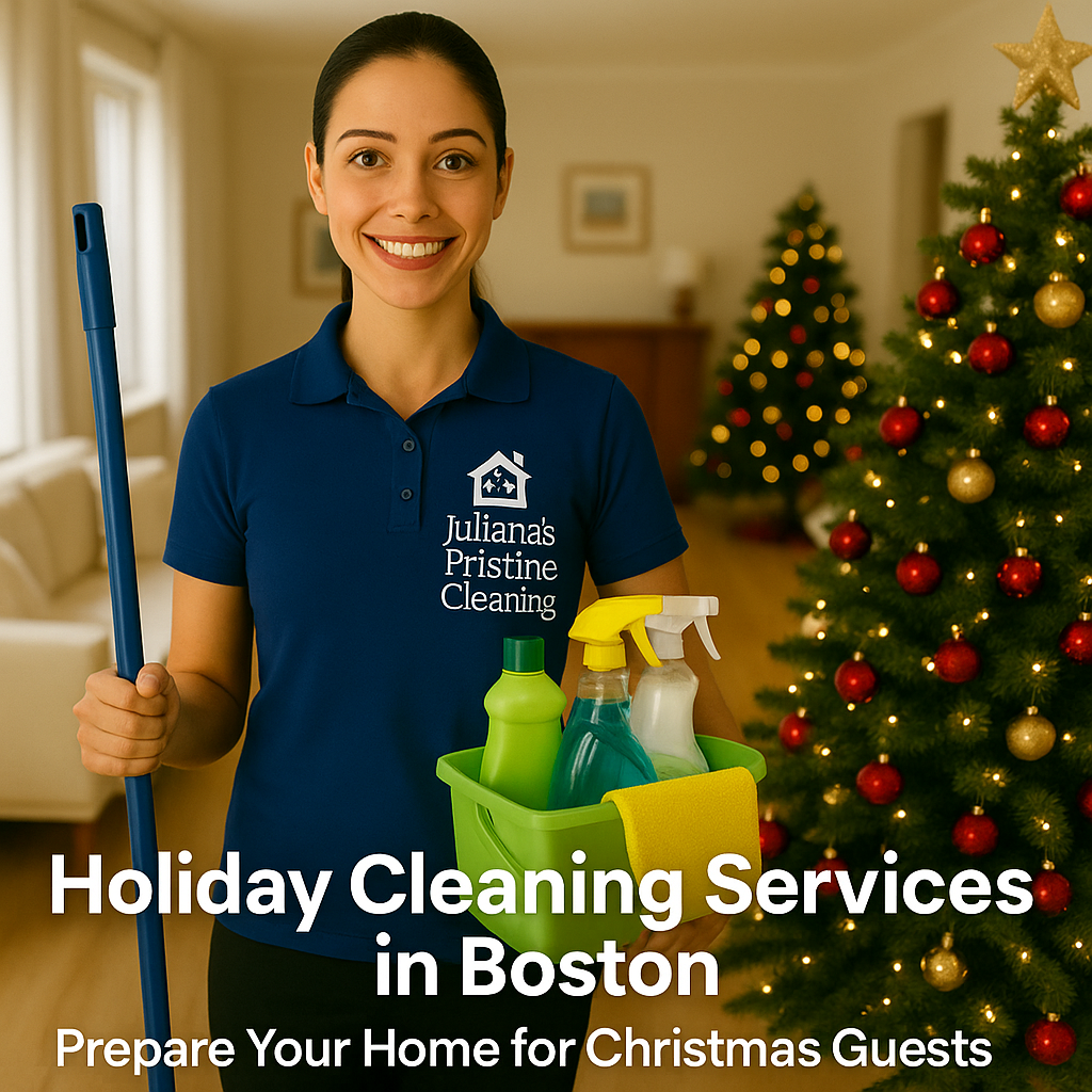 Professional cleaner from Juliana’s Pristine Cleaning standing in a festive Boston living room decorated for Christmas, representing Holiday Cleaning Services in Boston designed to prepare homes for holiday gatherings.