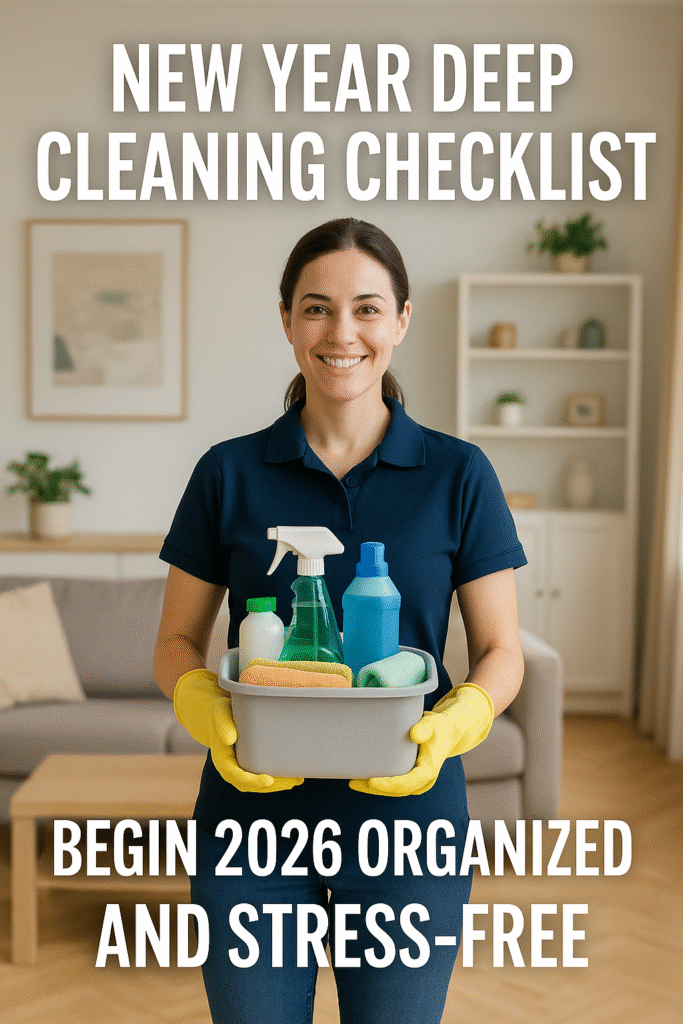 Professional cleaner from Juliana’s Pristine Cleaning holding a cleaning checklist inside a bright Boston home, representing a New Year Deep Cleaning Checklist designed to help families start 2026 organized and stress-free.