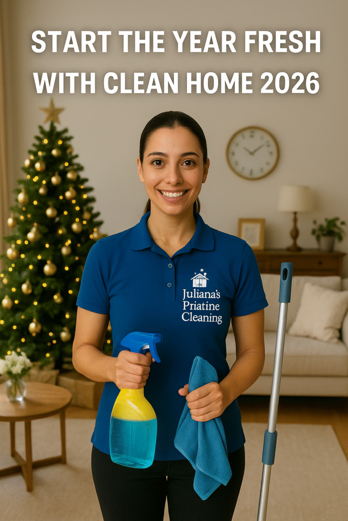 Professional cleaner from Juliana’s Pristine Cleaning standing in a bright, organized Boston home, holding eco-friendly cleaning supplies and representing the benefits of starting the year with a Clean Home 2026 to improve mood and productivity.