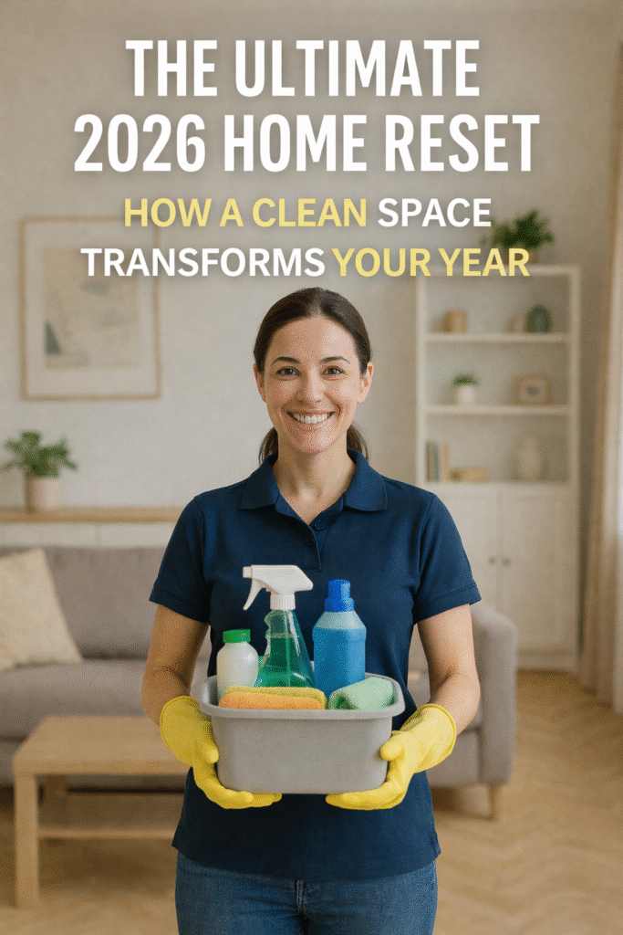Professional cleaner from Juliana’s Pristine Cleaning standing in a bright, refreshed Boston home, representing a 2026 Home Reset designed to help families start the year with clarity, balance, and renewed energy.