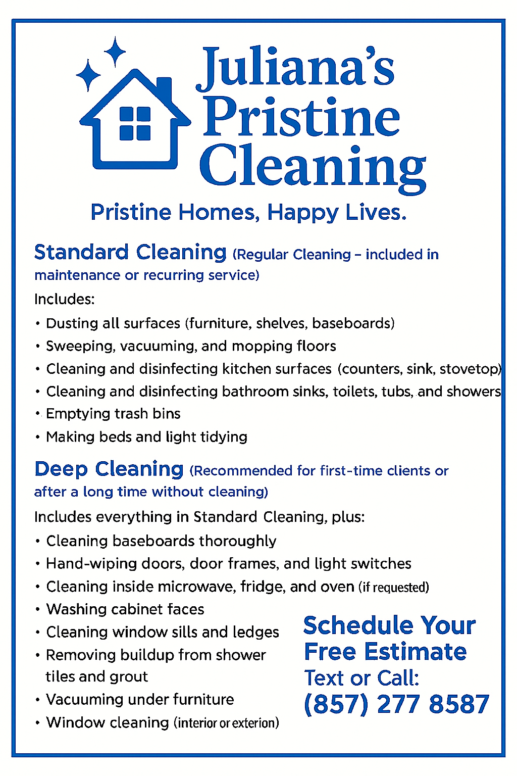 Standard and deep cleaning services offered by Juliana’s Pristine Cleaning, including kitchen, bathroom, floors, baseboards, and detailed home sanitation for Boston area homes.