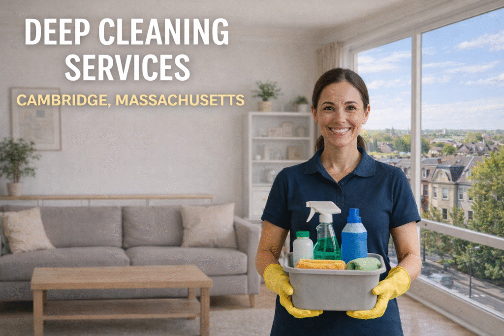 Professional cleaner from Juliana’s Pristine Cleaning holding eco-friendly cleaning supplies inside a bright Cambridge, Massachusetts home, with a large window showing the Cambridge city view, representing Deep Cleaning Services in Cambridge, MA.