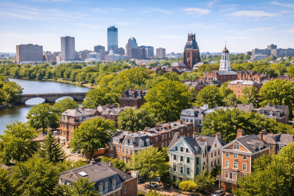 Aerial view of Cambridge Massachusetts showing residential neighborhoods, historic homes, green areas, and the Charles River, representing the diverse community and residential environment served by local cleaning services.