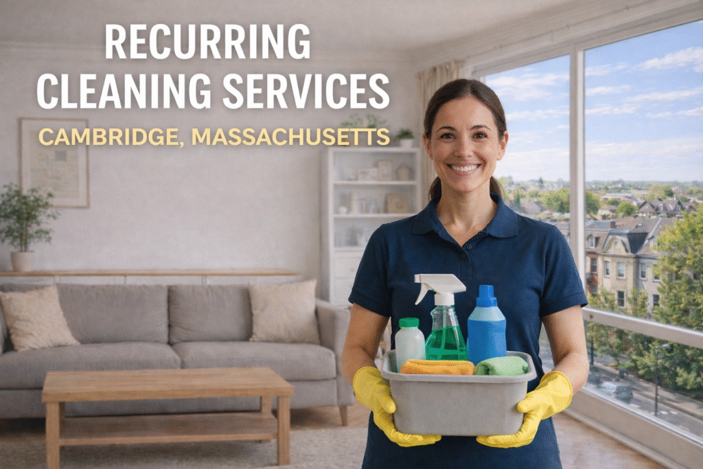 Professional cleaner from Juliana’s Pristine Cleaning inside a bright Cambridge, Massachusetts home, representing Recurring Cleaning Services in Cambridge, MA designed to keep apartments and family homes consistently clean and organized.